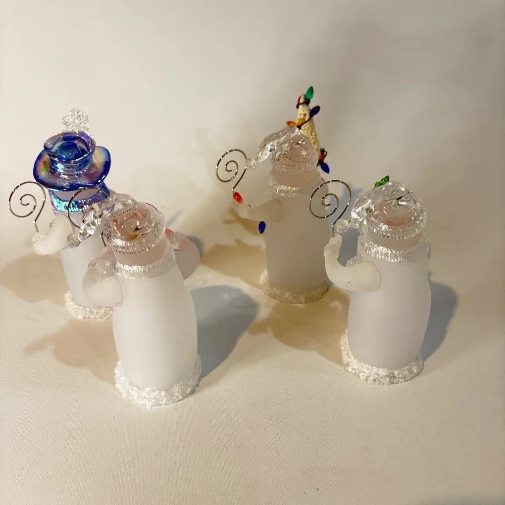 Frosted Glass Snowman Figurine Set 4 Holiday Winter Decor Photo Card Holders